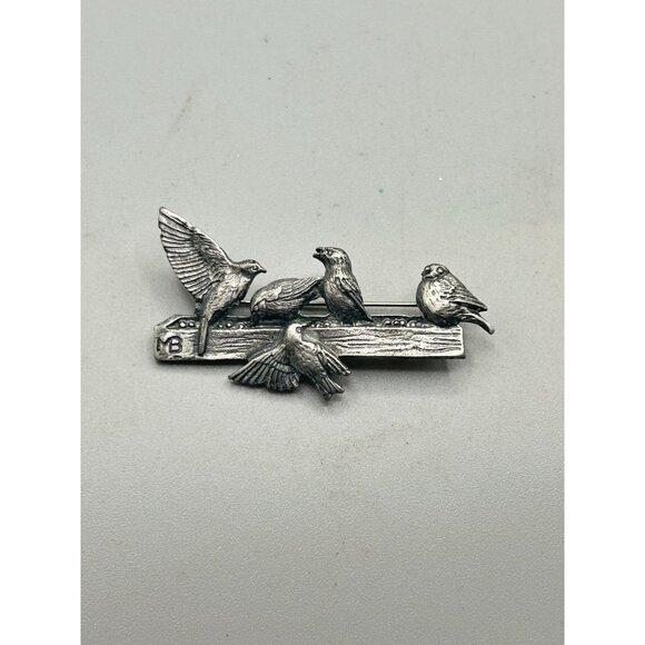 Vintage Birds on a Log Pin Brooch Signed 1999 M. Bastin Pewter Birds Animal Pin - Picture 2 of 6